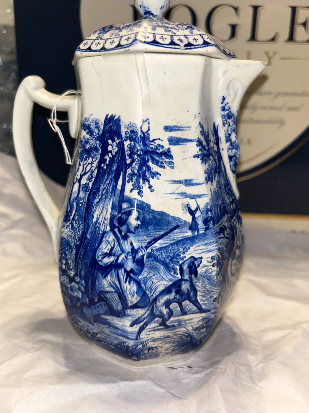 Vintage & rare Blue/white transferware ceramic pitcher with pastoral scene by JK